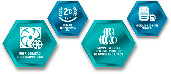 refrigeração por compressor, gela na temperatura ideal, compatível com diversos modelos de barris de 5 litros, indicador do nível do barril