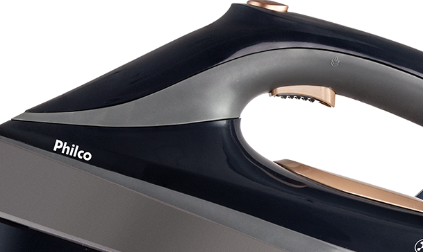 Detalhe do ferro de passar PFV3500AZ, mostrando os botões de acionamento de vapor